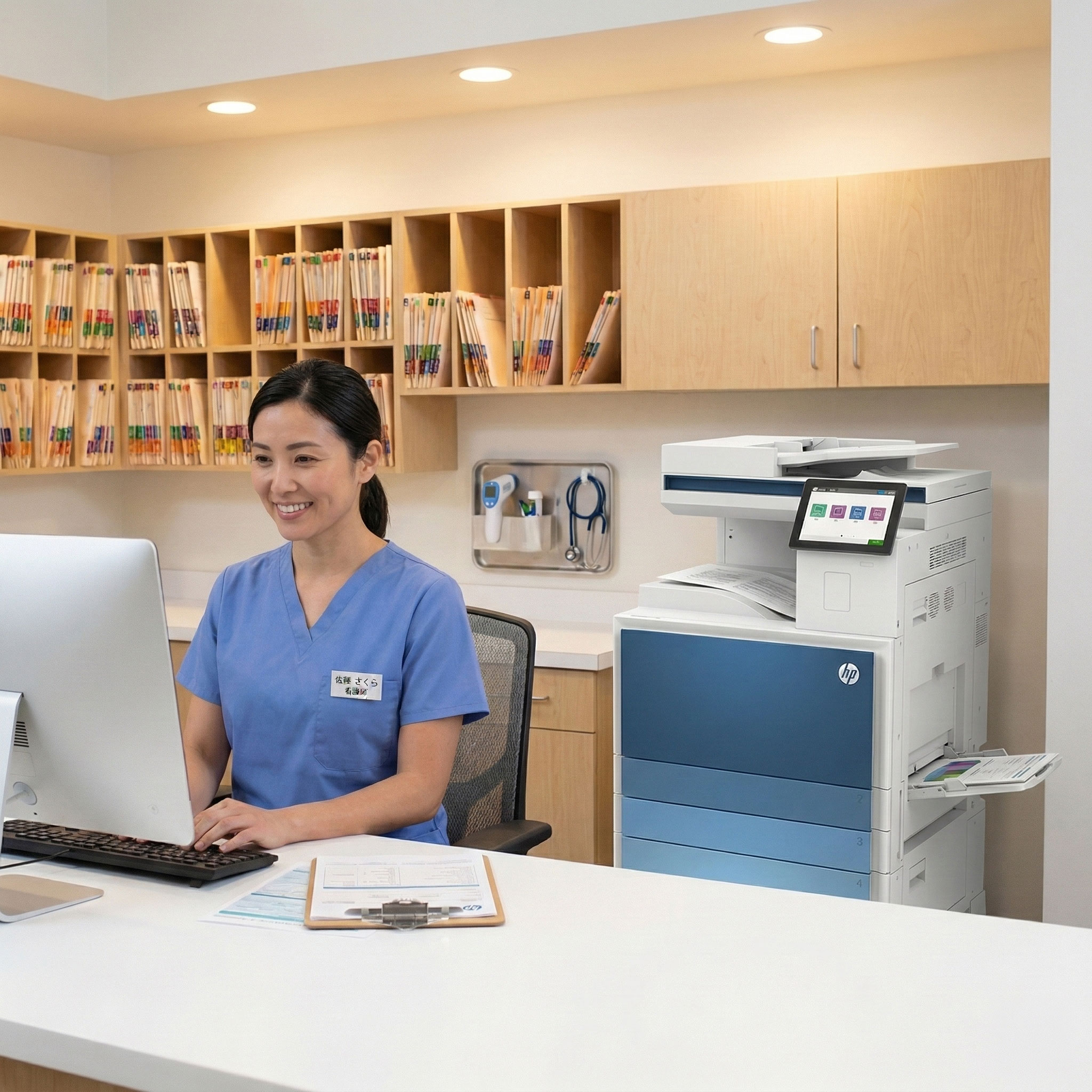 クリニック・病院の受付でのHP E786dn利用シーン：保険証コピー・問診票印刷・紹介状スキャンを高速処理
