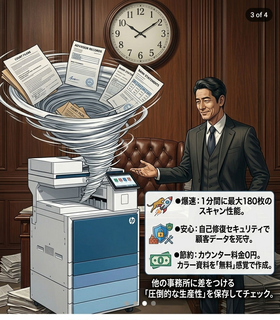 HP E786dnが士業事務所の悩みを解決：コスト削減と高速スキャン