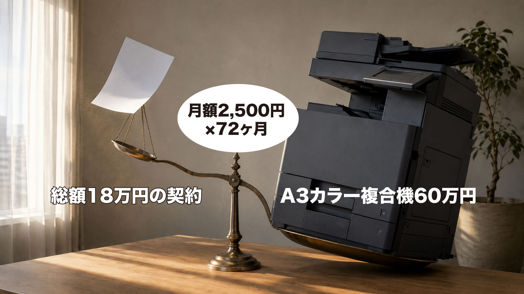 月額に契約月数を掛けた金額と、A3カラー複合機の本体価格の差