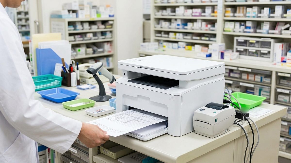 調剤薬局のカウンターの奥で、コンパクトな複合機から書類を印刷している様子