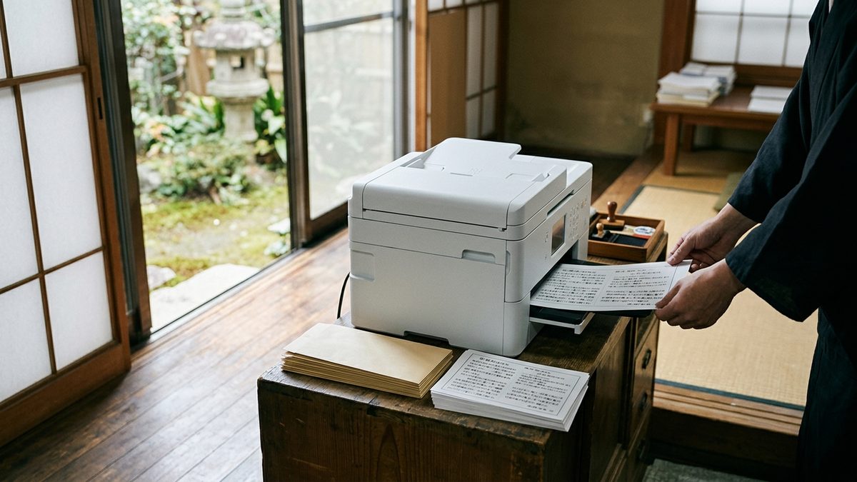 お寺の事務所で、複合機から檀家さんへのお知らせを印刷している様子