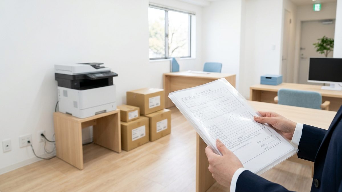 開業準備中の新しいオフィスで、複合機の導入に必要な書類と設置場所を確認している様子